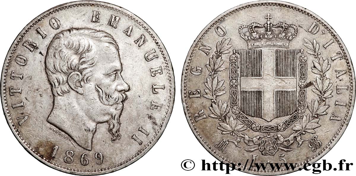 ITALIE 5 Lire Victor Emmanuel II 1869 Milan TTB+ 