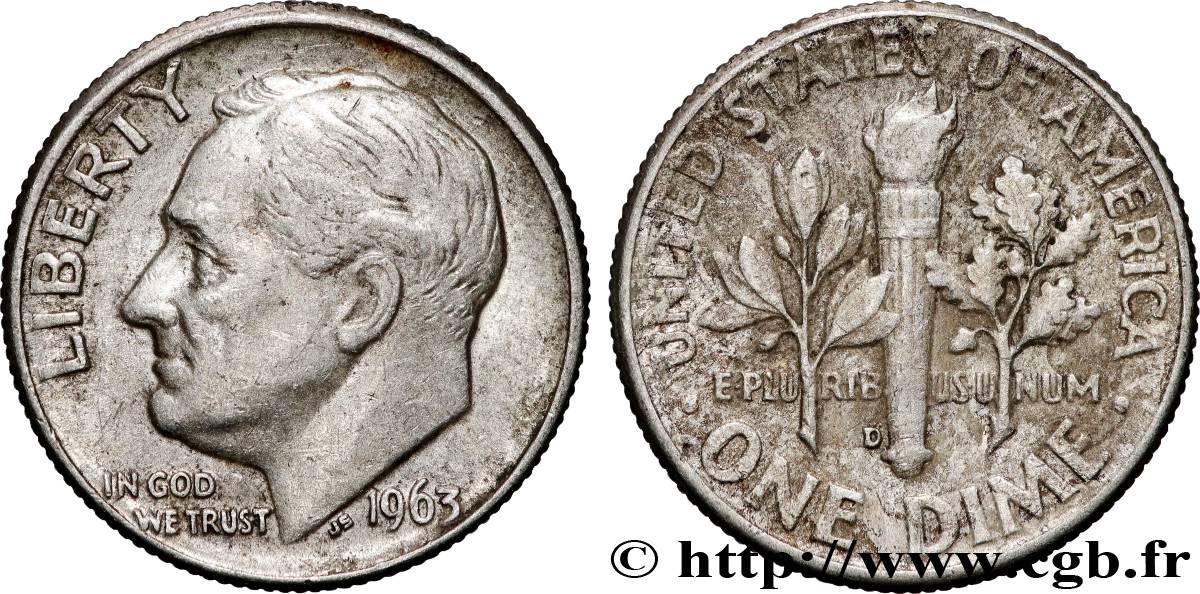 UNITED STATES OF AMERICA 1 Dime (10 Cents) Roosevelt 1963 Denver XF 
