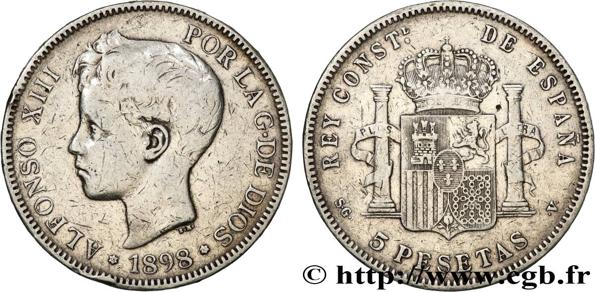 SPANIEN 5 Pesetas Alphonse XIII 3e type 1898 Madrid SS 