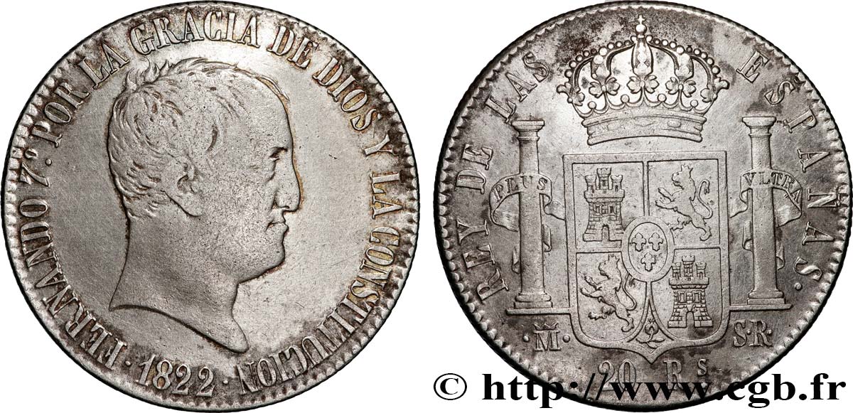 SPAIN - KINGDOM OF SPAIN - FERDINAND VII 20 Reales 1822 Madrid AU 