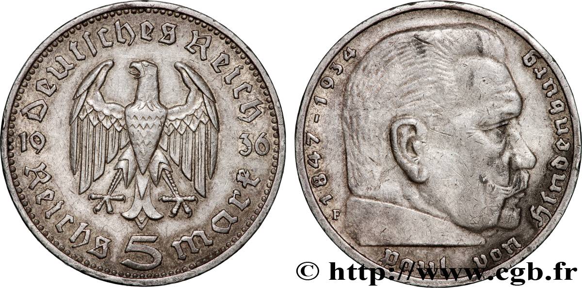 DEUTSCHLAND 5 Reichsmark Maréchal Paul von Hindenburg 1936 Stuttgart SS 