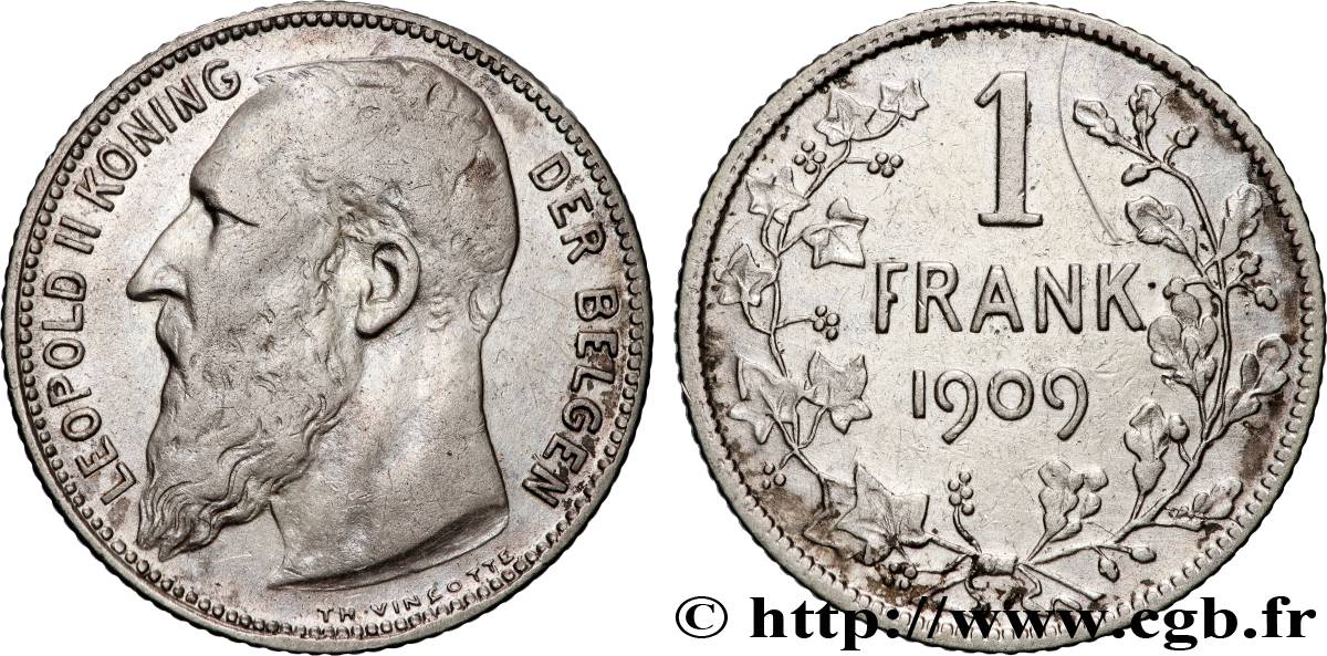 BELGIUM 1 Frank (Franc) Léopold II légende flamande 1909 Bruxelles VF 