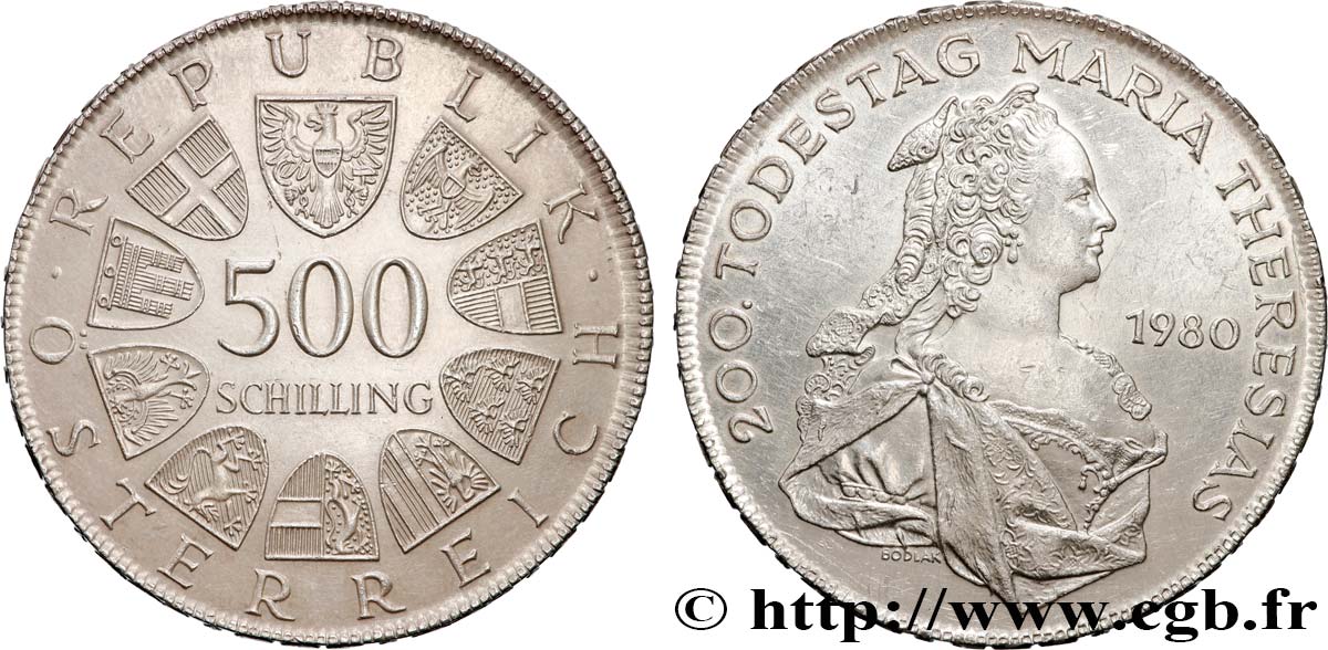 AUTRICHE 500 Schilling 200 anniversaire de la mort de Marie-Thérèse 1980  SPL 