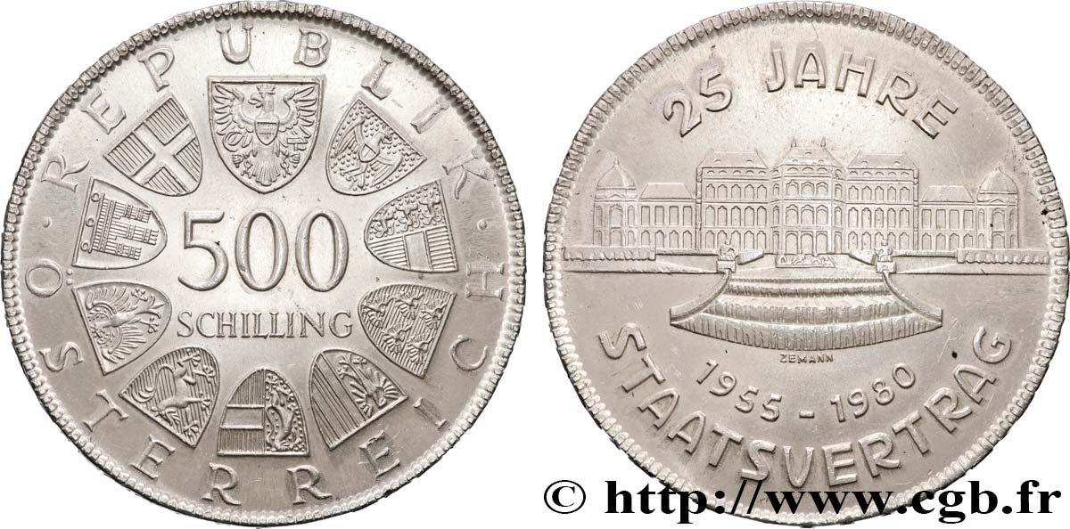 AUTRICHE 500 Schilling 20e anniversaire du traité d’état 1980  SUP 