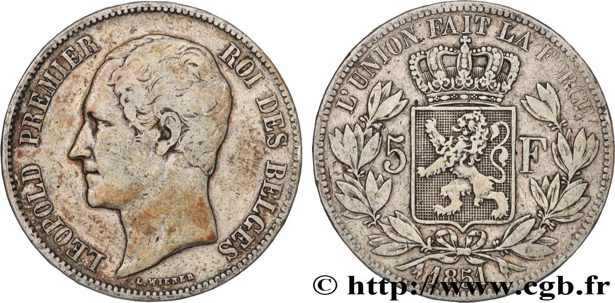 BELGIQUE - ROYAUME DE BELGIQUE - LÉOPOLD Ier 5 Francs, tête nue 1851  TB+ 