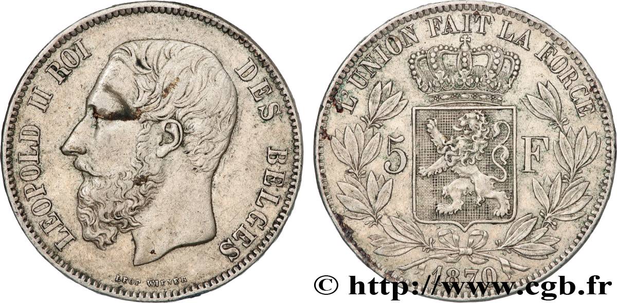 BELGIUM - KINGDOM OF BELGIUM - LEOPOLD II 5 Francs 1870  XF 