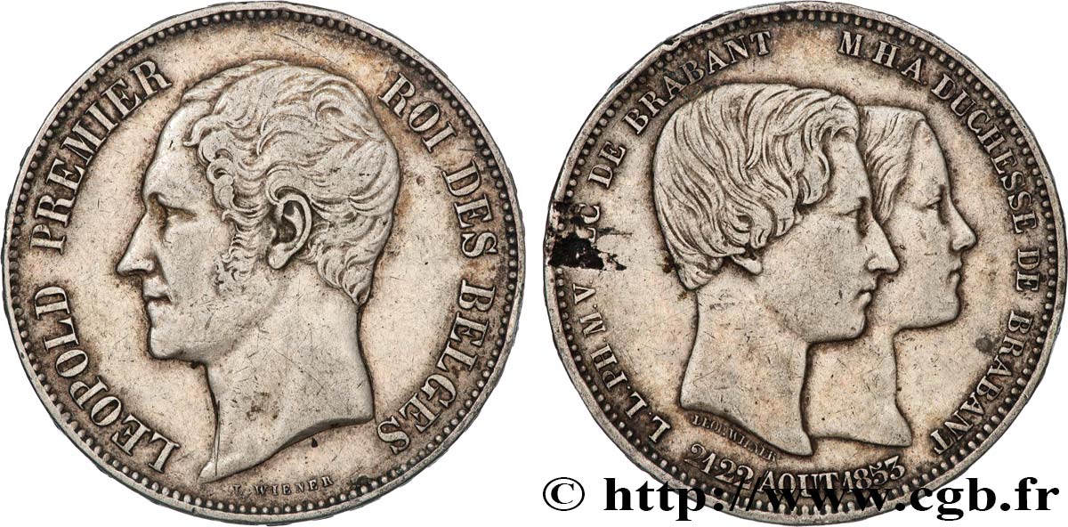 BELGIO 5 Francs mariage du Duc et de la Duchesse de Brabant 1853  BB 