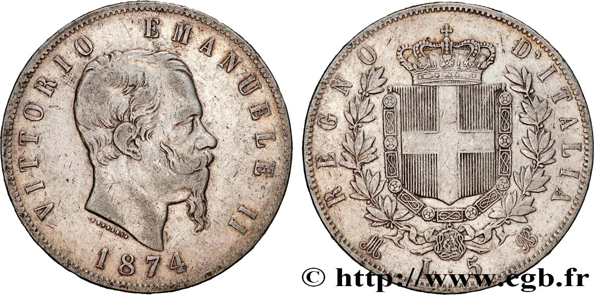 ITALIEN 5 Lire Victor Emmanuel II 1874 Milan SS 