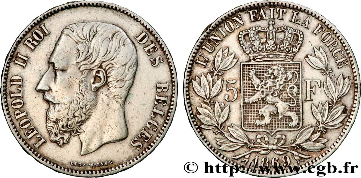 BELGIQUE - ROYAUME DE BELGIQUE - LÉOPOLD II 5 Francs  1869  TTB 