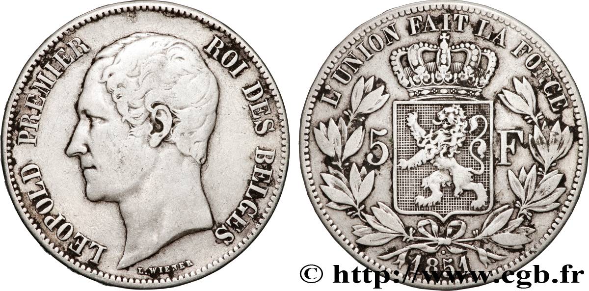 BELGIQUE 5 Francs Léopold Ier tête nue 1851  TTB 