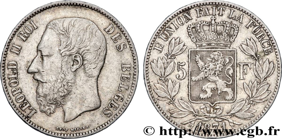 BELGIUM - KINGDOM OF BELGIUM - LEOPOLD II 5 Francs  1871  XF 