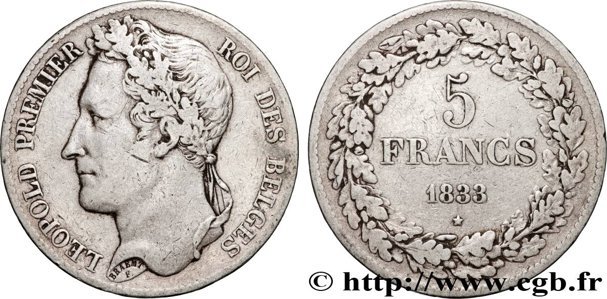 BELGIUM 5 Francs Léopold Ier 1833  VF 