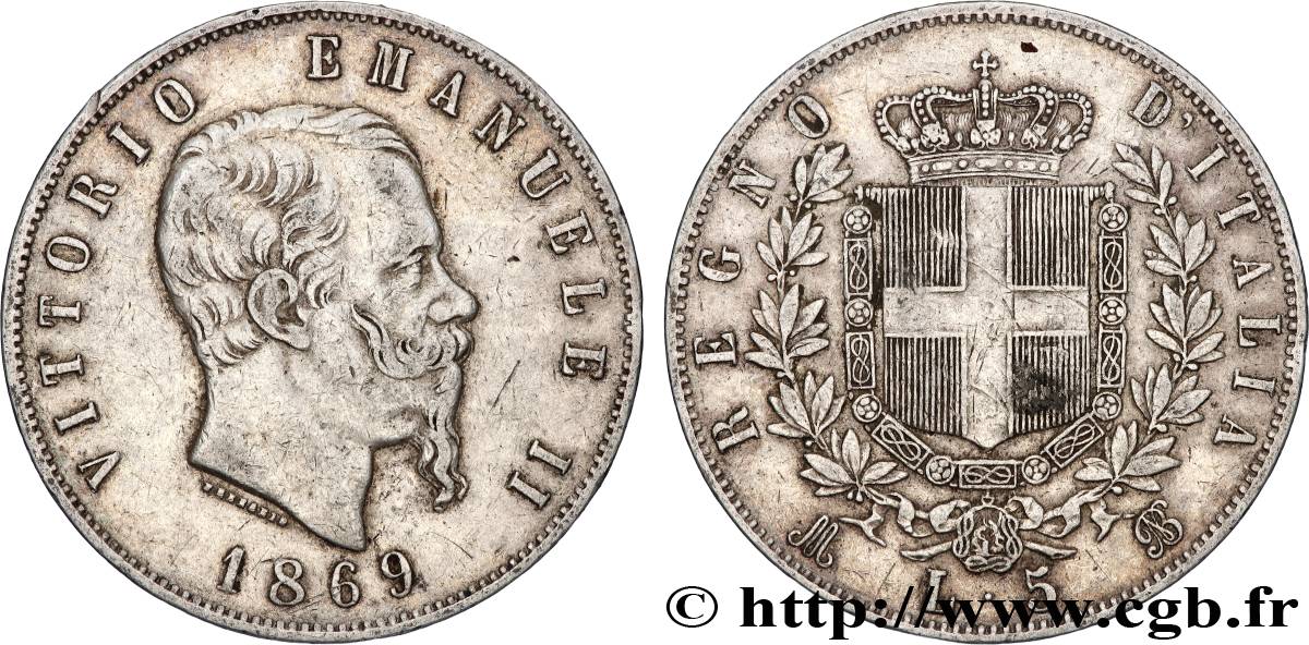 ITALIE 5 Lire Victor Emmanuel II 1869 Milan TB+ 