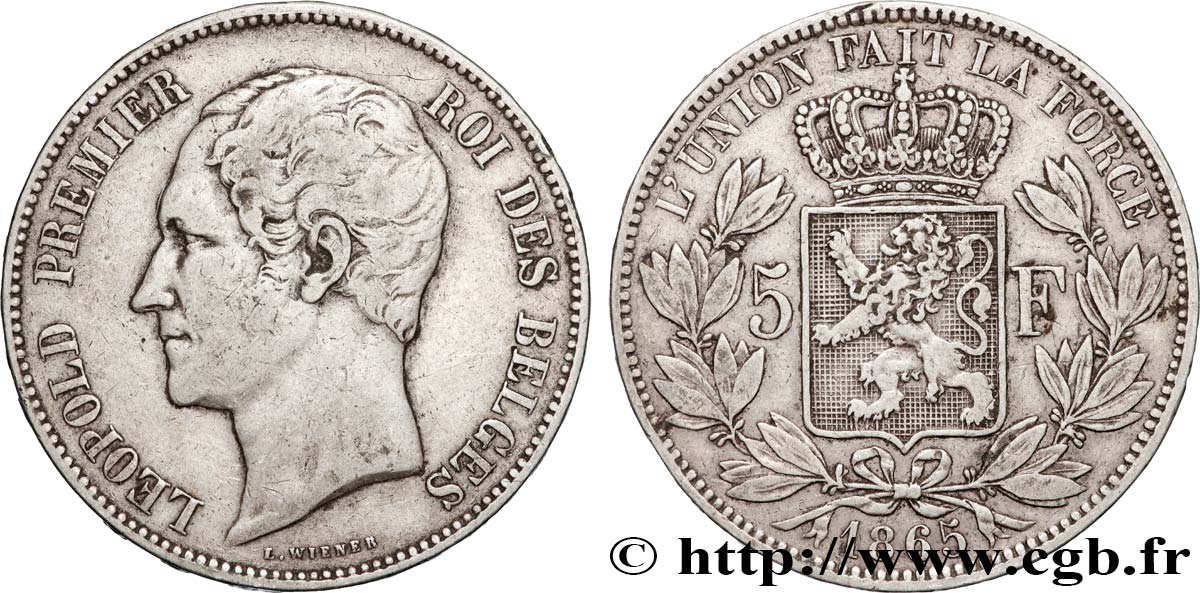BELGIO 5 Francs Léopold Ier tête nue 1865  BB 