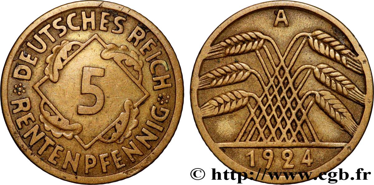 GERMANY 5 Rentenpfennig gerbe de blé 1924 Berlin XF 