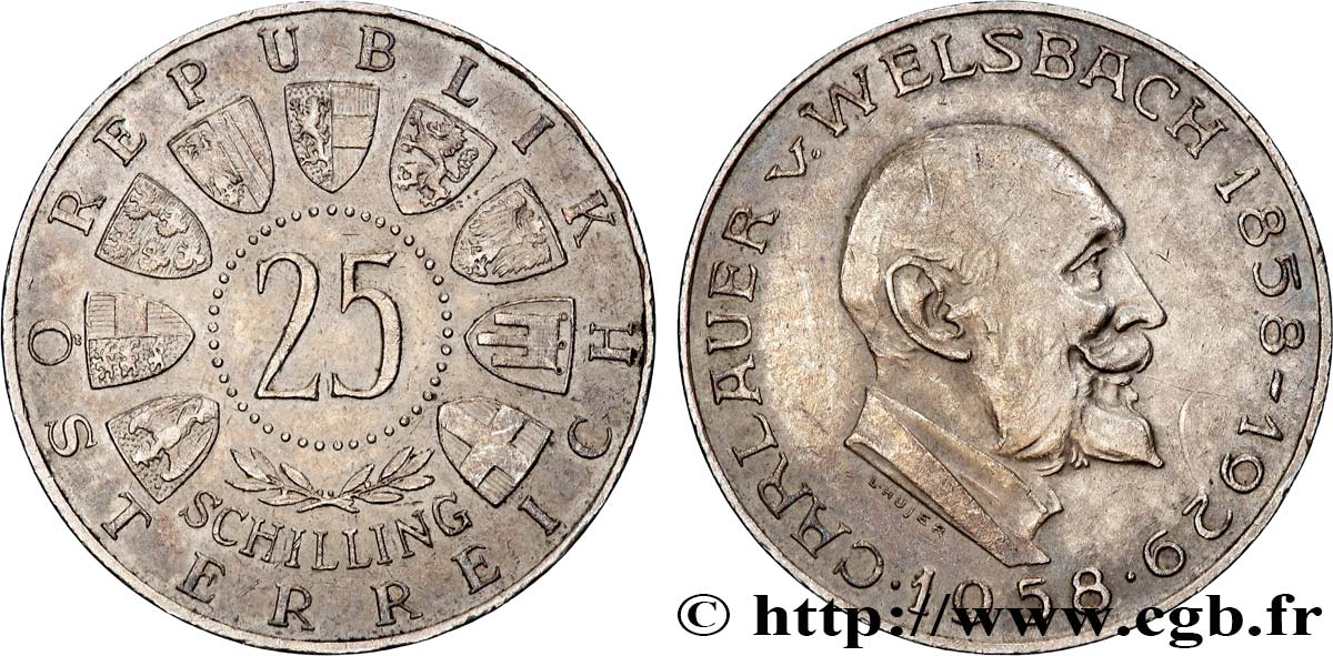 AUSTRIA 25 Schilling 100e anniversaire de la naissance du chimiste Carl Auer von Welsbach 1958 Vienne AU 