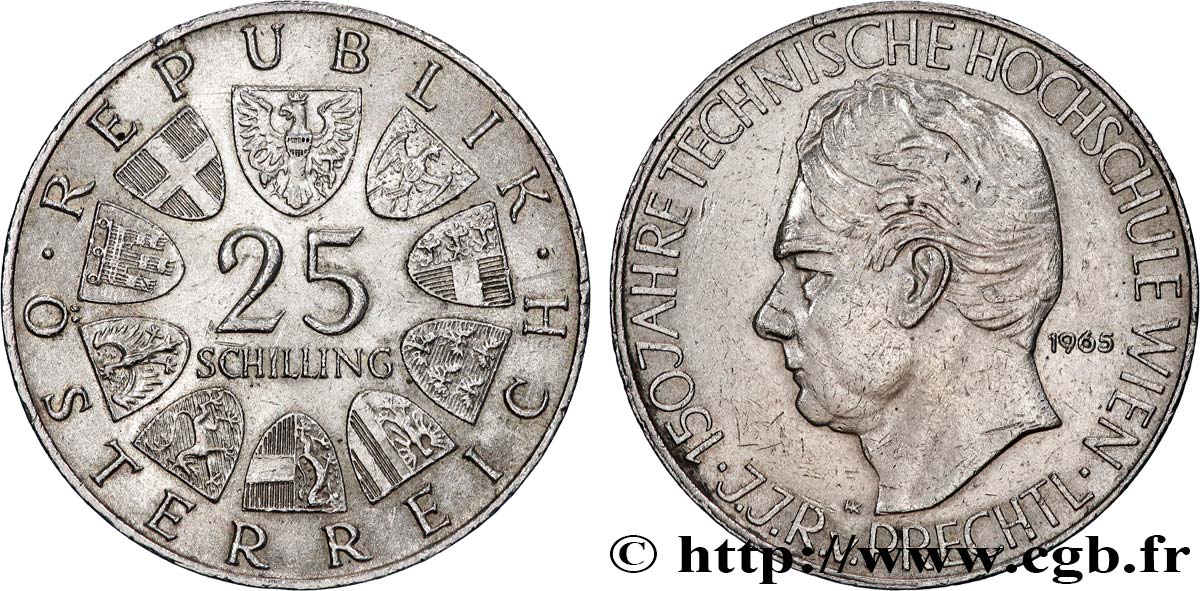 ÖSTERREICH 25 Schilling 150e anniversaire de la fondation de l’université technique de Vienne, Johann Joseph von Prechtl, son premier directeur 1965  fVZ 