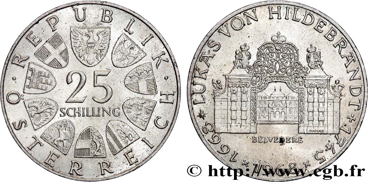 AUSTRIA 25 Schilling Proof 200e anniversaire de la naissance de Johann Lukas von Hildebrandt, architecte du palais du Belvédère 1968  SPL 