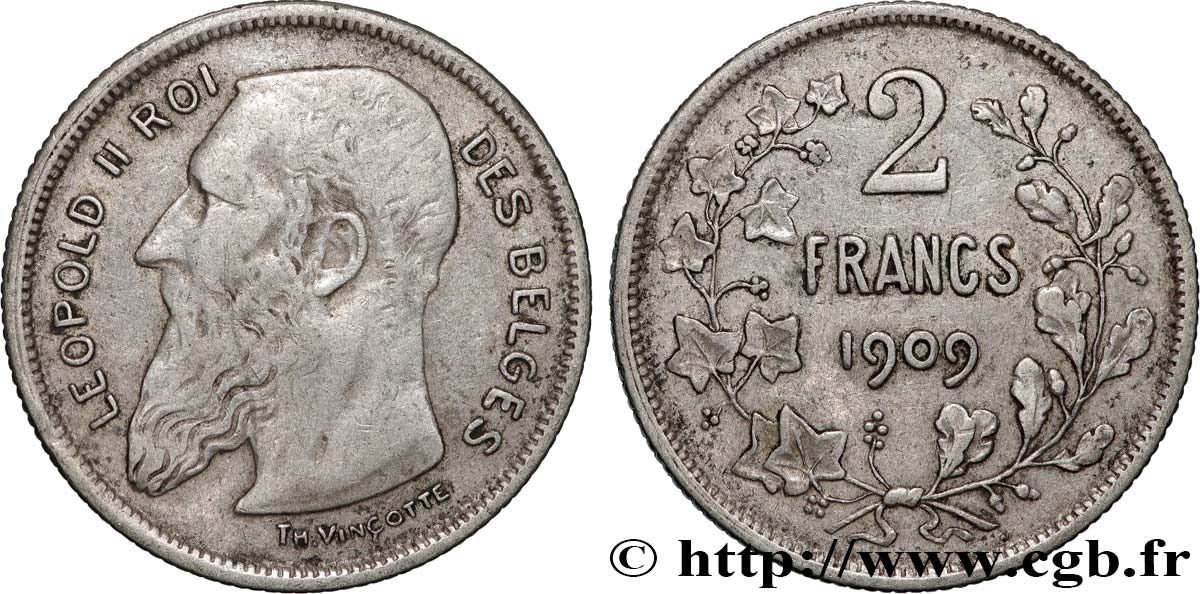 BELGIQUE - ROYAUME DE BELGIQUE - LÉOPOLD II 2 Francs légende française 1909 Bruxelles VF 