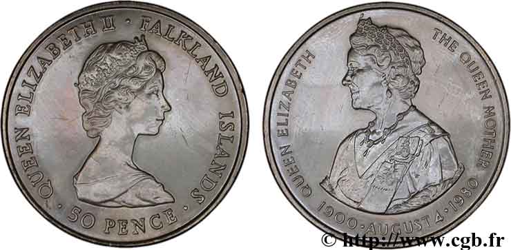 ISLAS MALVINAS 50 Pence 80e anniversaire de la Reine Mère 1980  EBC 
