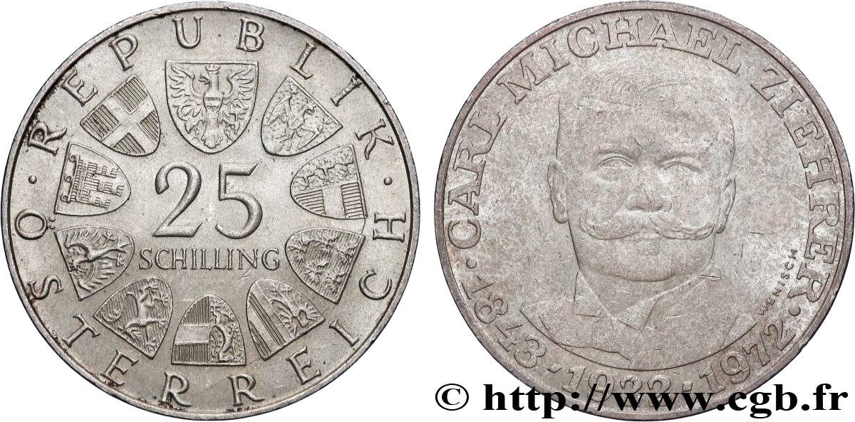 AUTRICHE 25 Schilling 50e anniversaire de la mort du compositeur Carl Michael Ziehrer 1972  TTB+ 