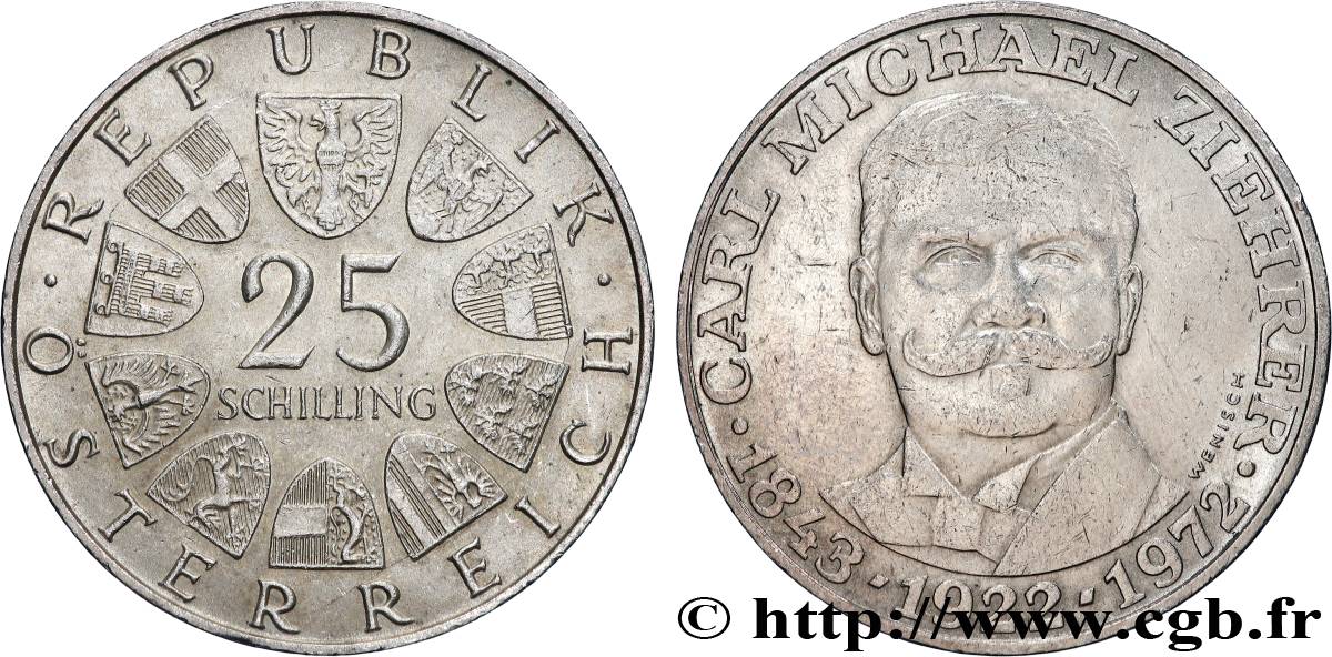 AUSTRIA 25 Schilling 50e anniversaire de la mort du compositeur Carl Michael Ziehrer 1972  AU 
