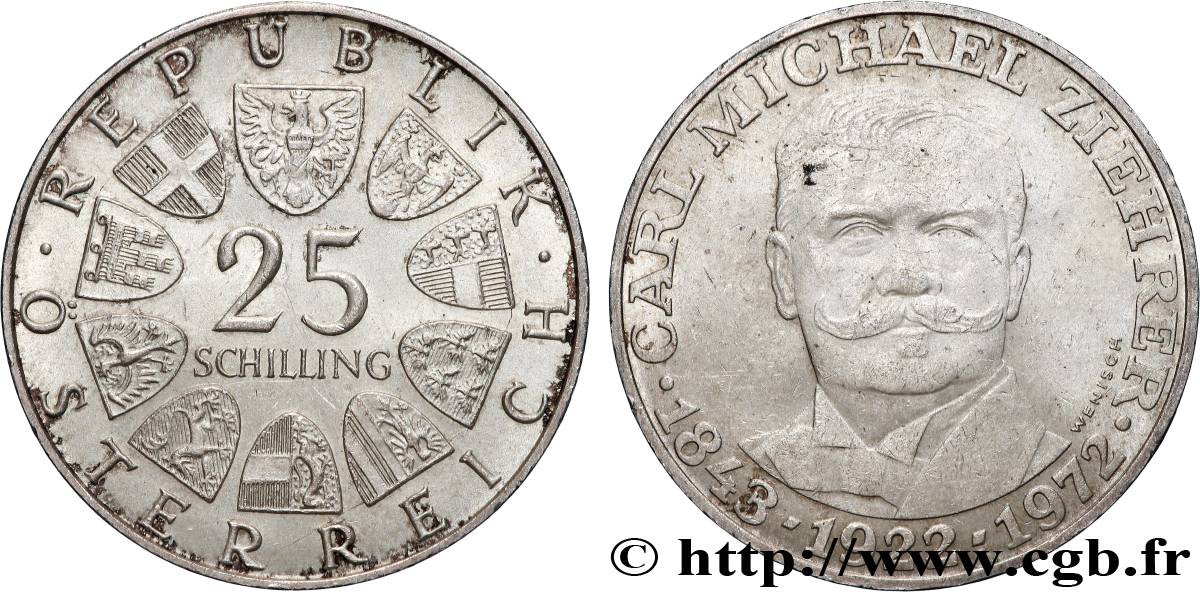 ÖSTERREICH 25 Schilling 50e anniversaire de la mort du compositeur Carl Michael Ziehrer 1972  fVZ 