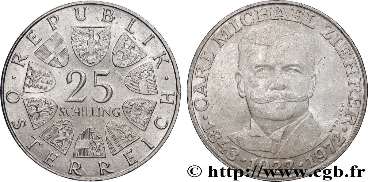 AUSTRIA 25 Schilling 50e anniversaire de la mort du compositeur Carl Michael Ziehrer 1972  q.SPL 