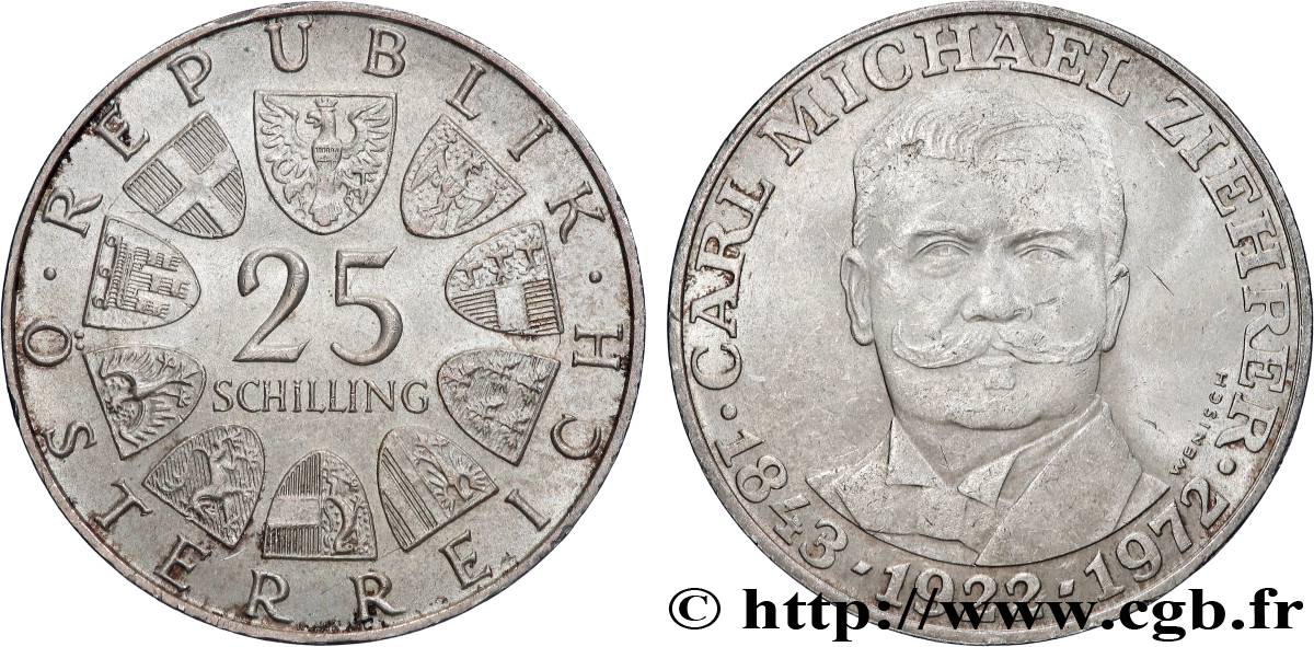 ÖSTERREICH 25 Schilling 50e anniversaire de la mort du compositeur Carl Michael Ziehrer 1972  VZ 