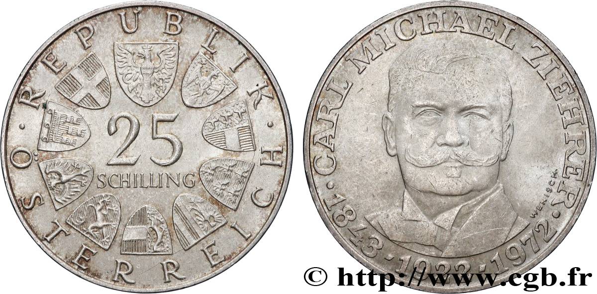 ÖSTERREICH 25 Schilling 50e anniversaire de la mort du compositeur Carl Michael Ziehrer 1972  VZ 