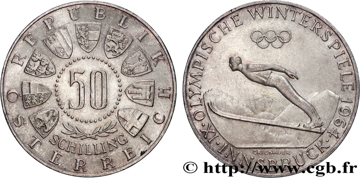 AUTRICHE 50 Schilling Jeux Olympiques d’Innsbruck, saut à ski 1964 Vienne SUP 