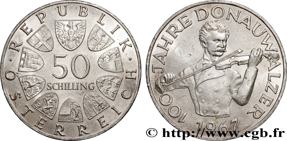 AUTRICHE 50 Schilling 100e anniversaire de la Valse du Danube Bleu par Johann Strauss 1967  SUP 