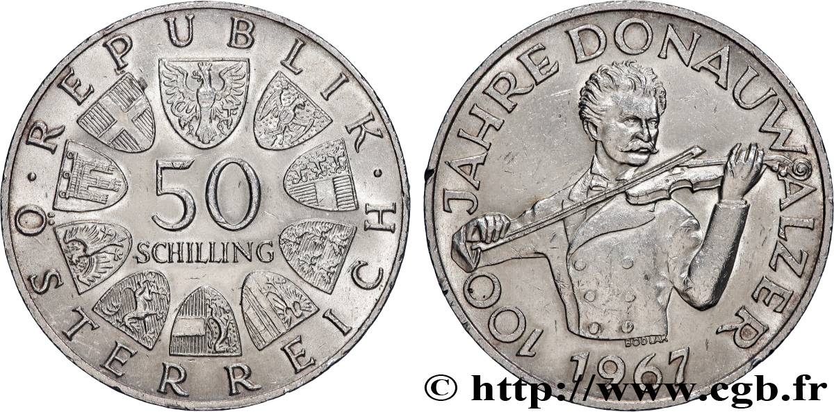 ÖSTERREICH 50 Schilling 100e anniversaire de la Valse du Danube Bleu par Johann Strauss 1967  VZ 