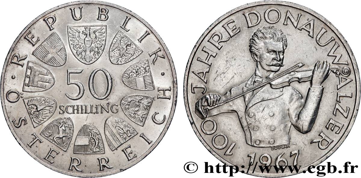 AUSTRIA 50 Schilling 100e anniversaire de la Valse du Danube Bleu par Johann Strauss 1967  AU 