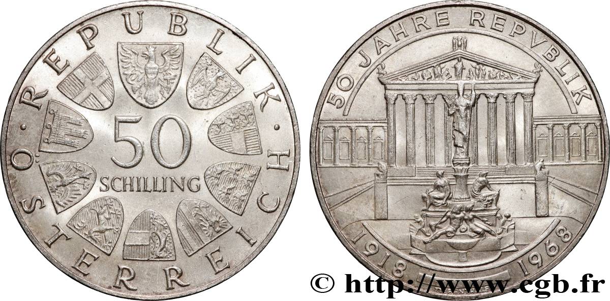 AUTRICHE 50 Schilling 50e anniversaire de la République, le Parlement Autrichien 1968  SUP 