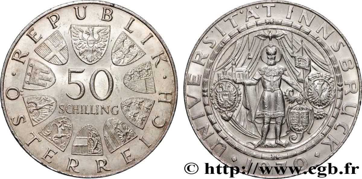 AUSTRIA 50 Schilling 300e anniversaire de l’université d’Innsbruck 1970  MS 