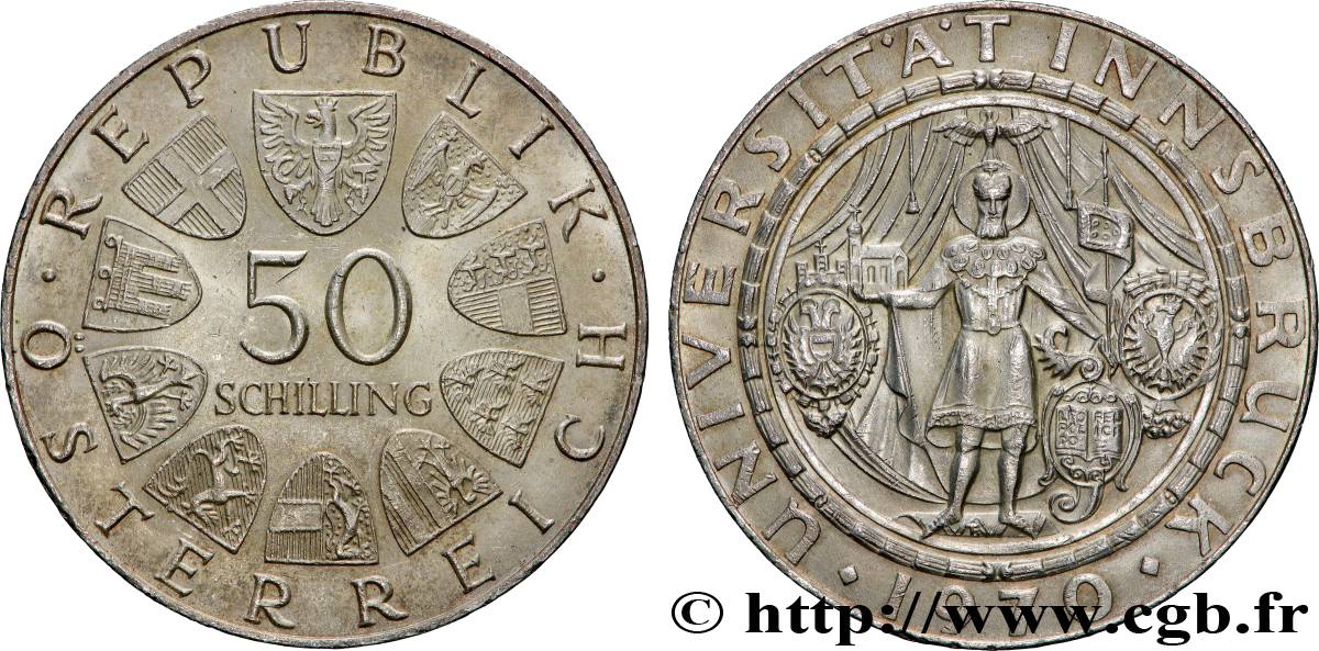 AUSTRIA 50 Schilling 300e anniversaire de l’université d’Innsbruck 1970  MS 