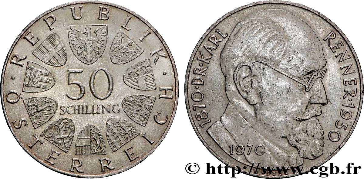 AUSTRIA 50 Schilling 100e anniversaire de la naissance du Dr Karl Renner,1er président de la 2e république 1970  AU 