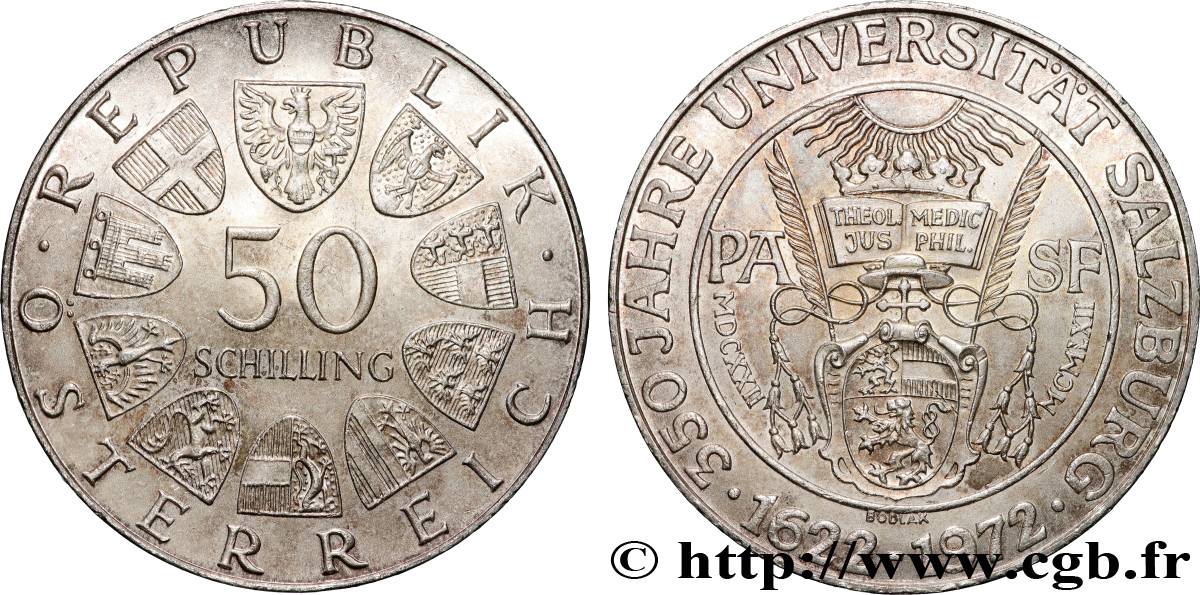 AUTRICHE 50 Schilling 350e anniversaire de l’Université de Salzbourg 1972 Vienne SPL 