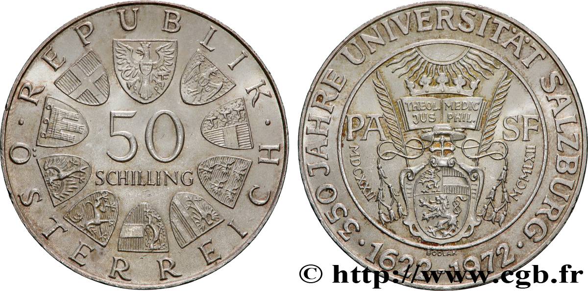 ÖSTERREICH 50 Schilling 350e anniversaire de l’Université de Salzbourg 1972 Vienne fST 