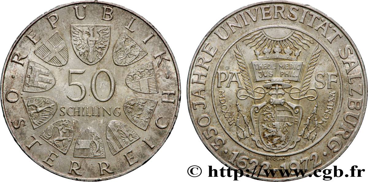 AUTRICHE 50 Schilling 350e anniversaire de l’Université de Salzbourg 1972 Vienne SPL 