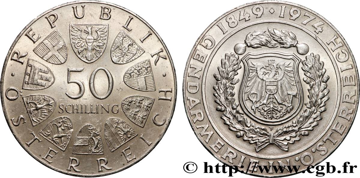 AUTRICHE 50 Schilling 125e anniversaire de la Gendarmerie autrichienne 1974 Vienne SPL 