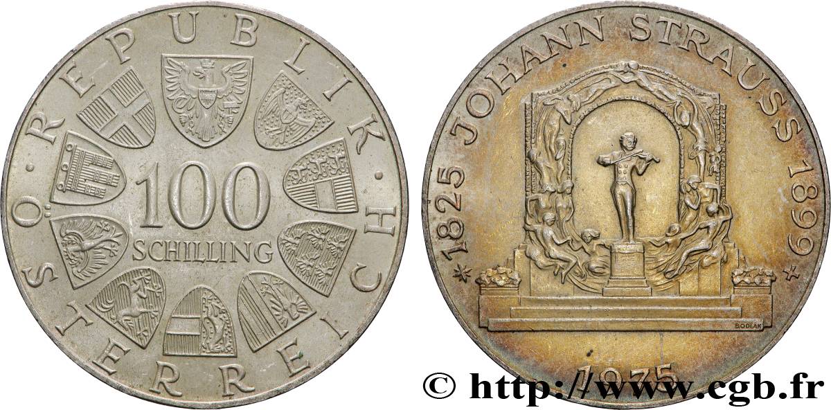 AUSTRIA 100 Schilling 150e anniversaire de la naissance de Johann Strauss 1975 Vienne AU 