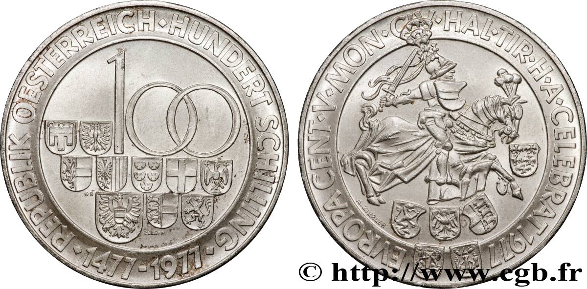 AUSTRIA 100 Schilling 500e anniversaire de l’atelier monétaire de Hall 1977  MS 