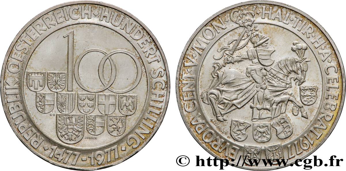AUTRICHE 100 Schilling 500e anniversaire de l’atelier monétaire de Hall 1977  SPL 