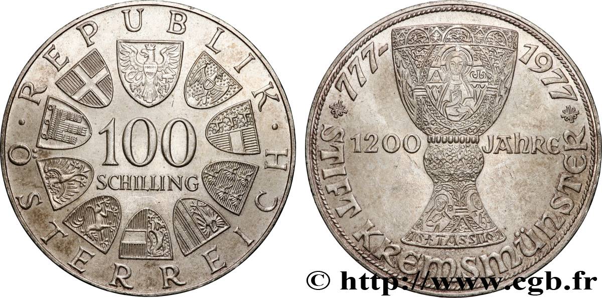 AUSTRIA 100 Schilling 1200e anniversaire de la fondation du monastère bénédictin de Kremsmünster 1977  EBC 