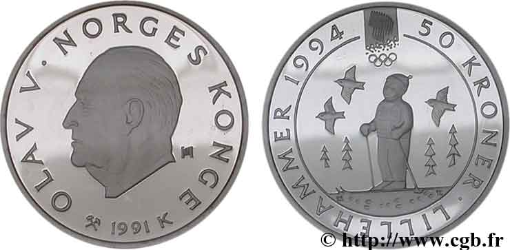 NORWEGEN 50 Kroner BE J.O. Lillehammer 1994 - enfant skieur 1991 Konsberg ST 