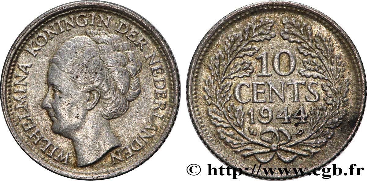 PAYS-BAS 10 Cents Wilhelmine 1944 Philadelphie TTB+ 