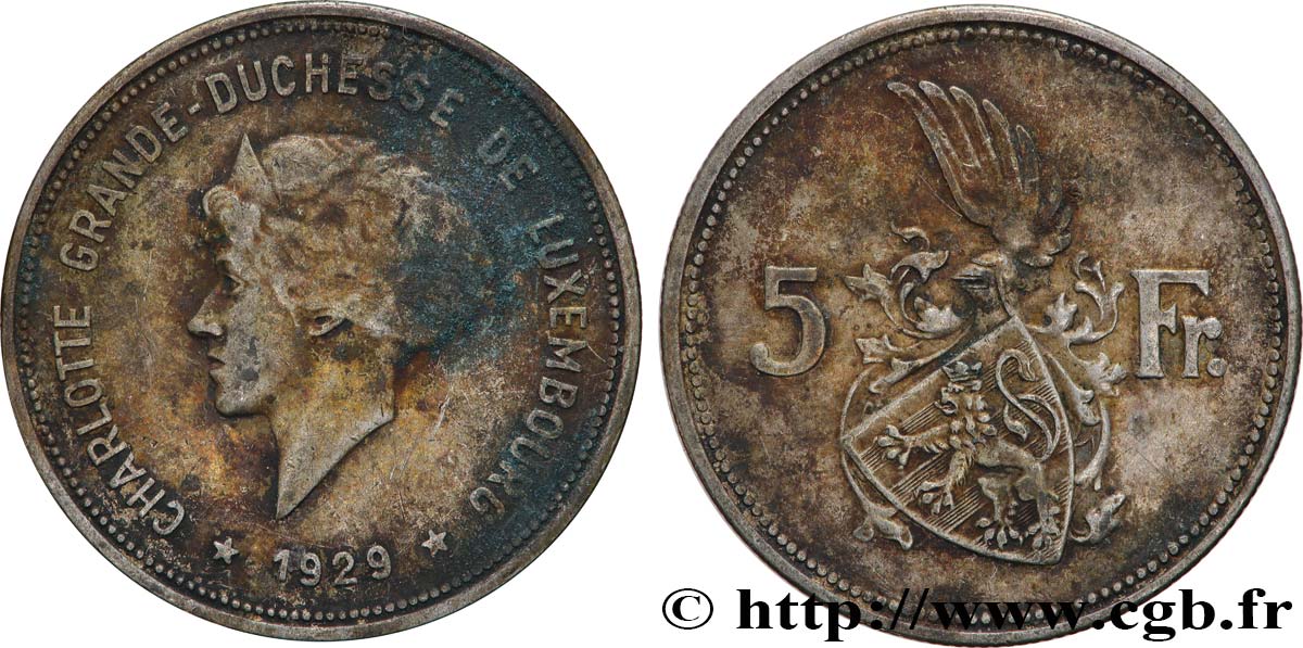 LUXEMBOURG 5 Francs Grande-Duchesse Charlotte 1929  VF 