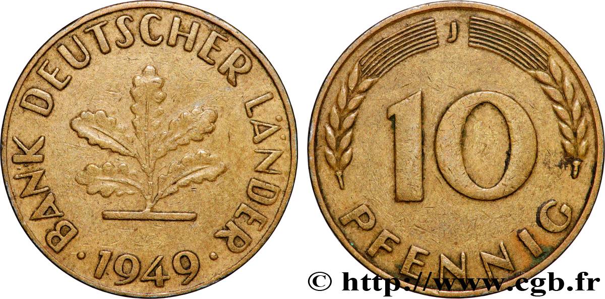 GERMANY 10 Pfennig “Bank deutscher Länder” 1949 Hambourg - J XF 